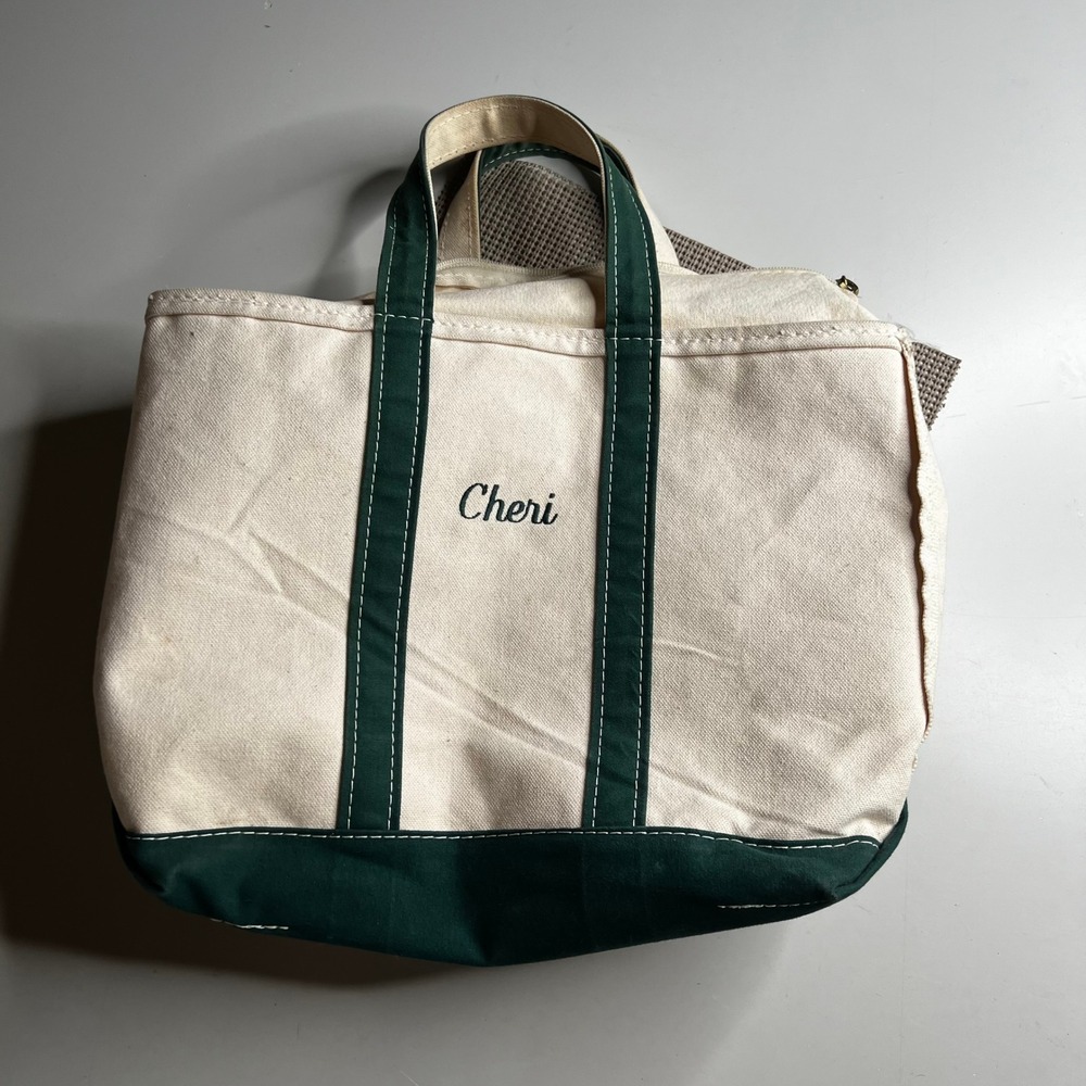 LL Bean Boat and Tote Zip Top Canvas Bag Green Cream Cheri Embroidery Medium